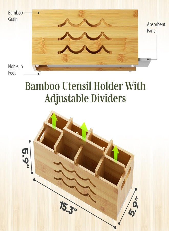 Kcrystenia Large Kitchen Utensil Holder for Countertop, 8 Adjustable Compartments Cooking Utensil Holder Organizer, Bamboo Silverware Caddy with Absorbing Stone Drying Mat for Kitchen Counter - Image 2